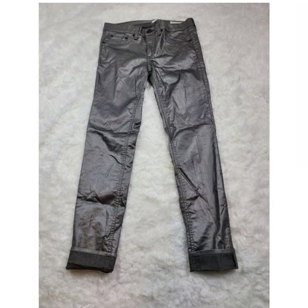 Rag & Bone Coated Shiny Silver Super Skinny Ankle Zipper Jeggings sz 28 - Picture 2 of 9